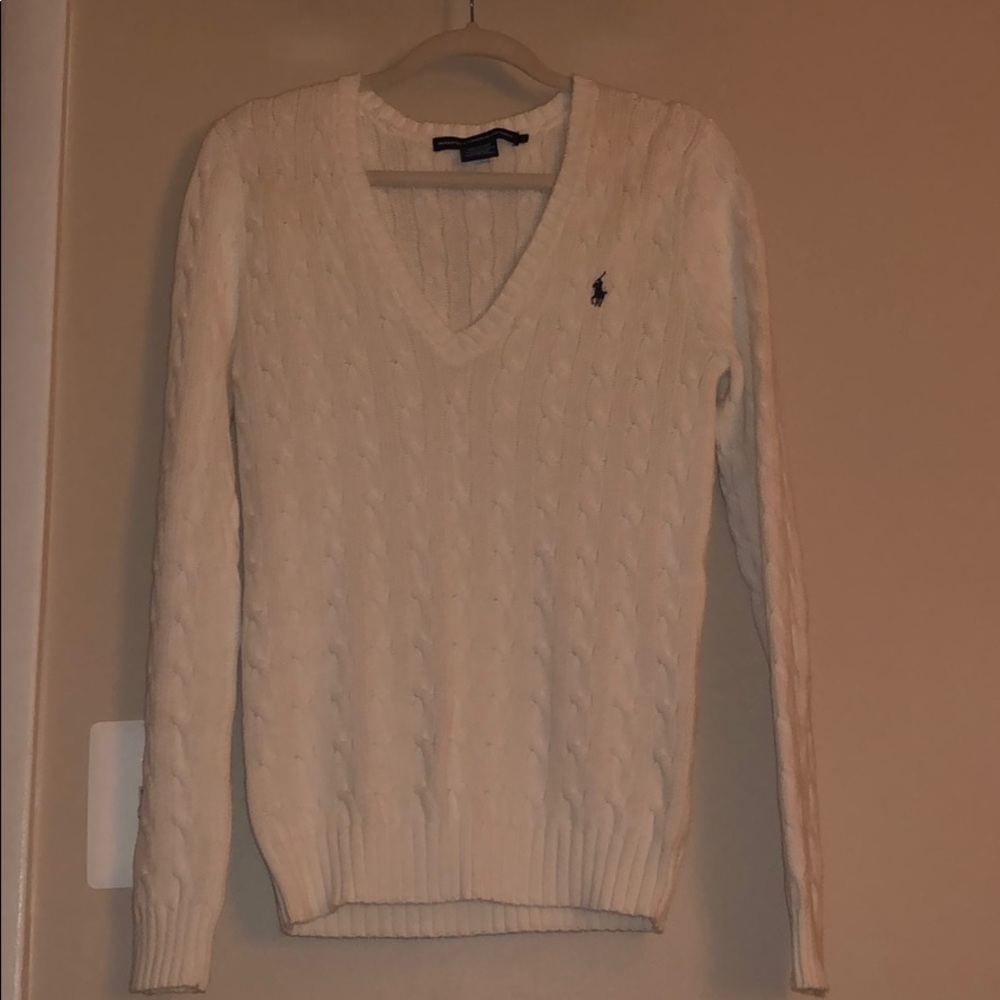 White Ralph Lauren Sport Cable Knit V Neck
